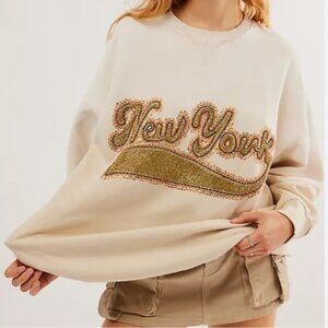 NWOT Free People ~ Bali Drifter New York Sweatshirt ~ Stone Combo ~ Beaded ~ L